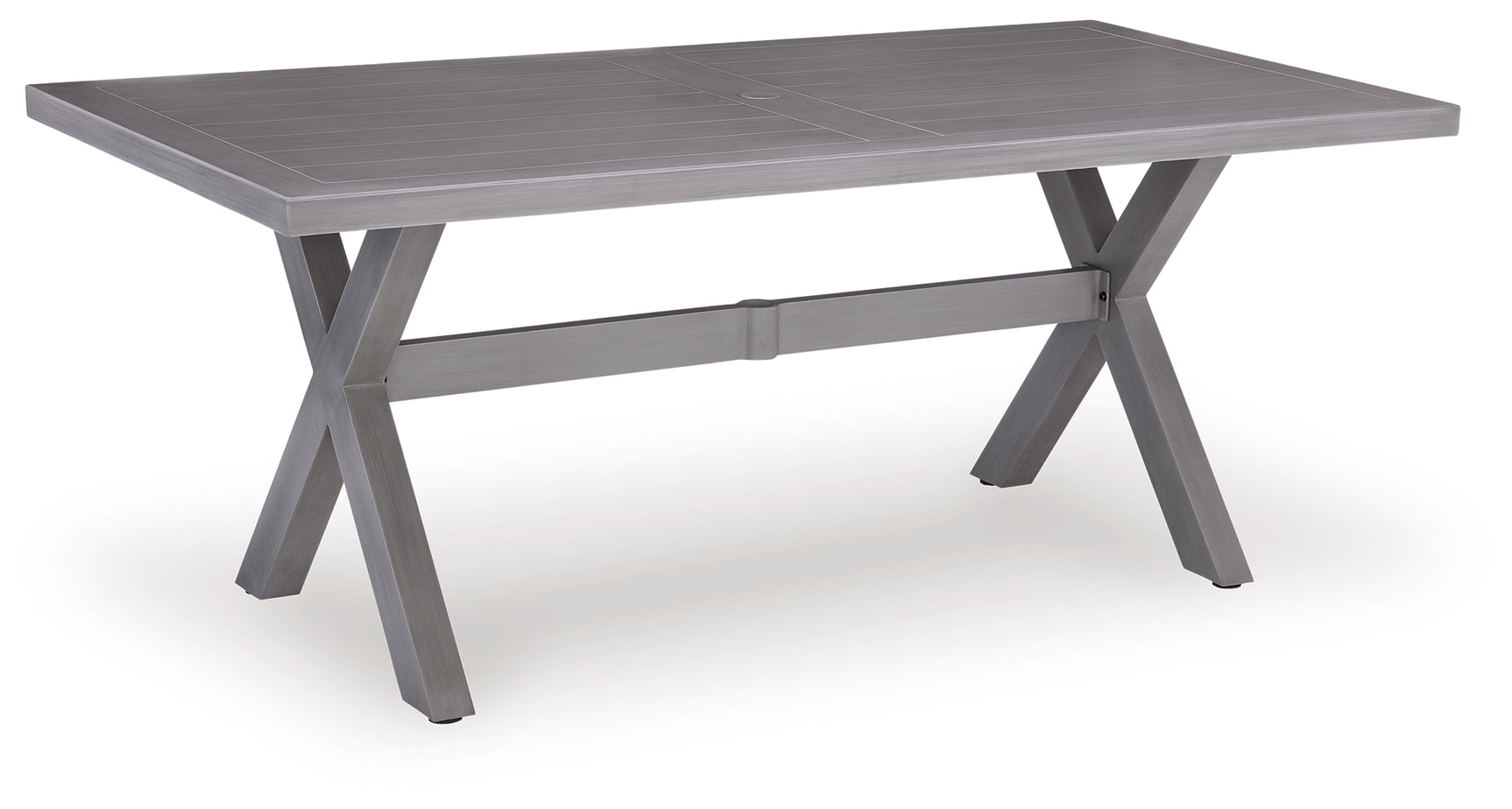 Side angle of outdoor dining table with four chairs