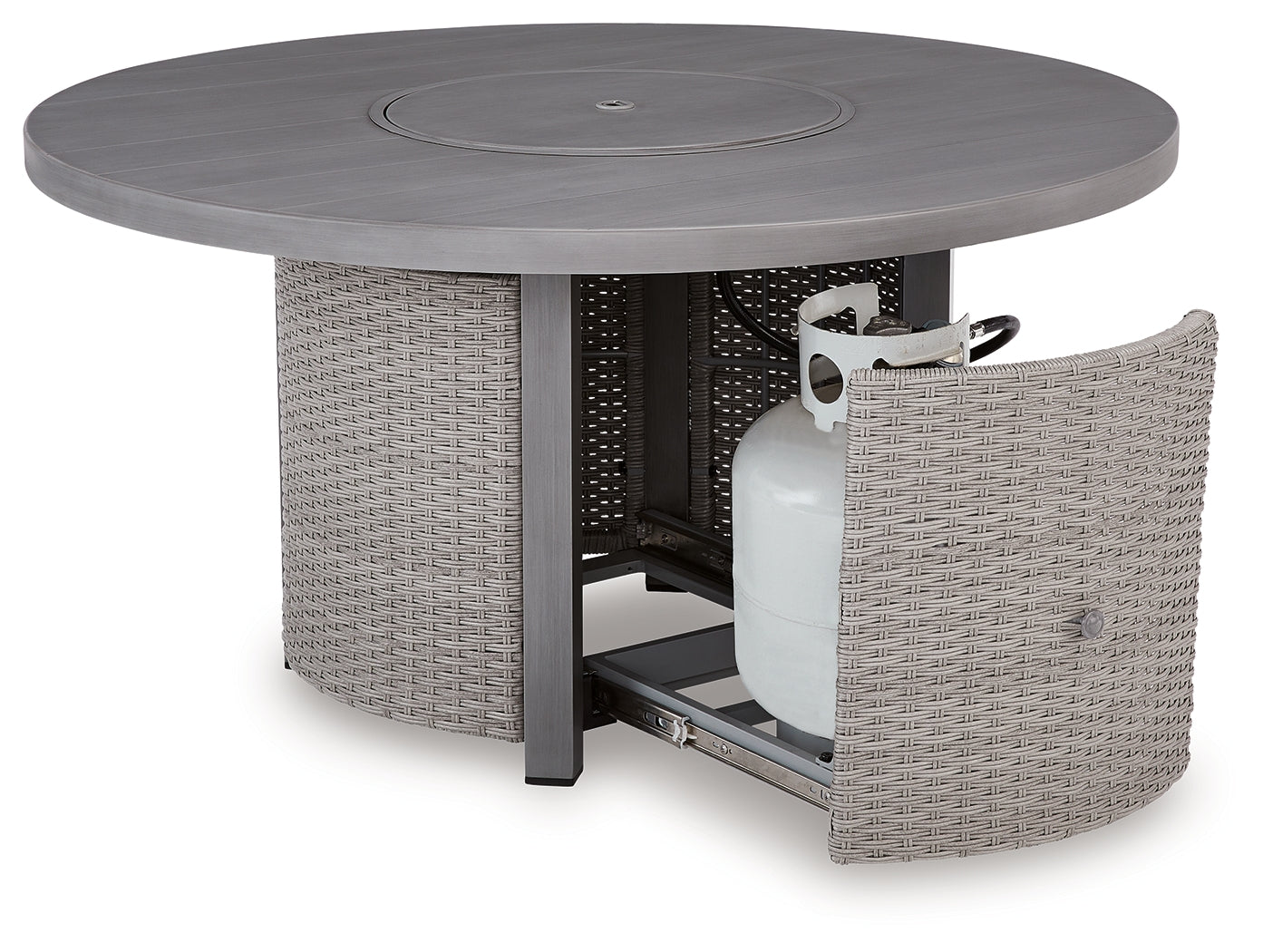 Storage cabinet door of fire pit table open