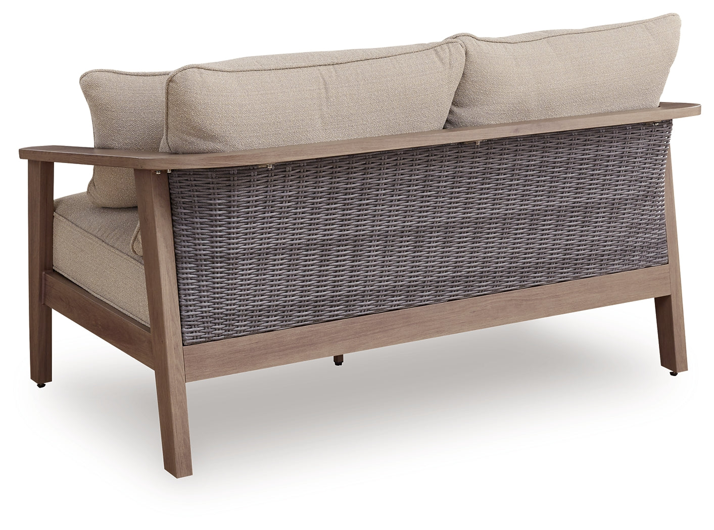 Back view of Harmony Outdoor Sofa showing wood-look aluminum frame