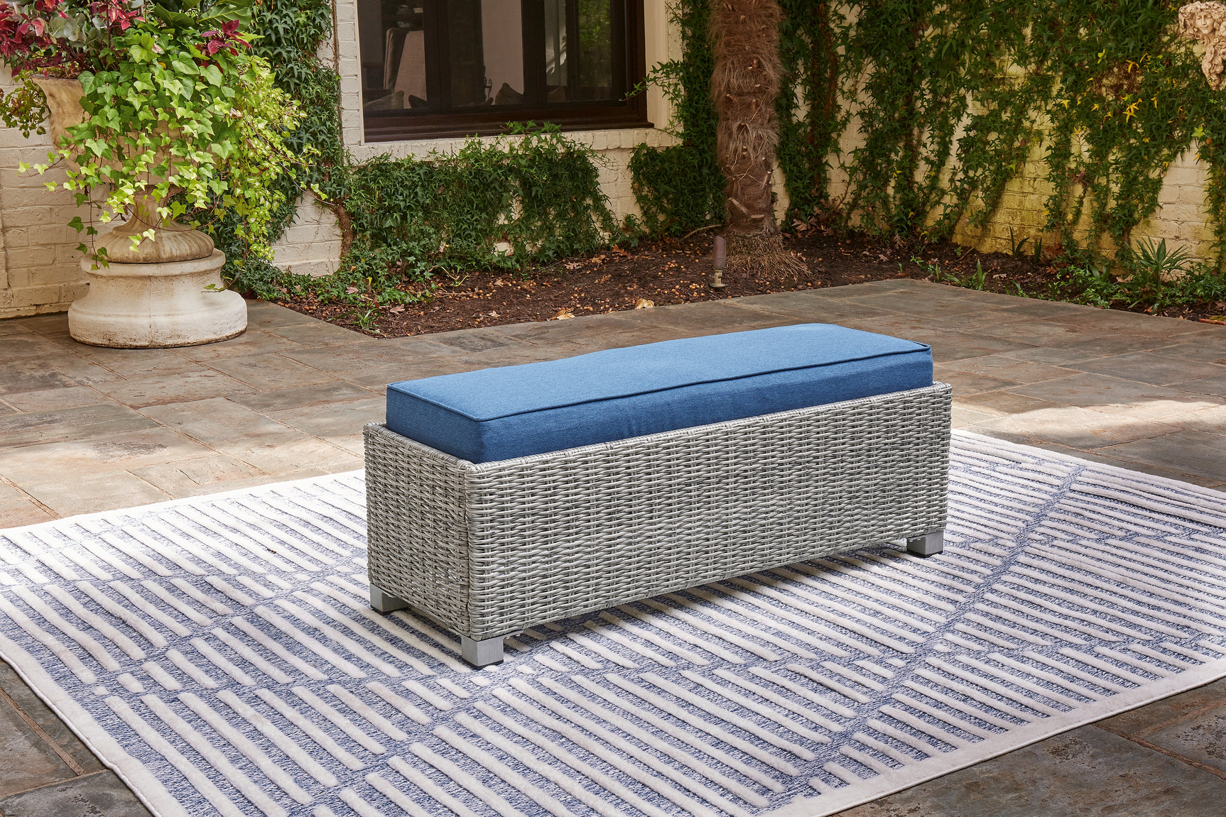 Naples light gray 2-piece outdoor sectional with table and bench, front view