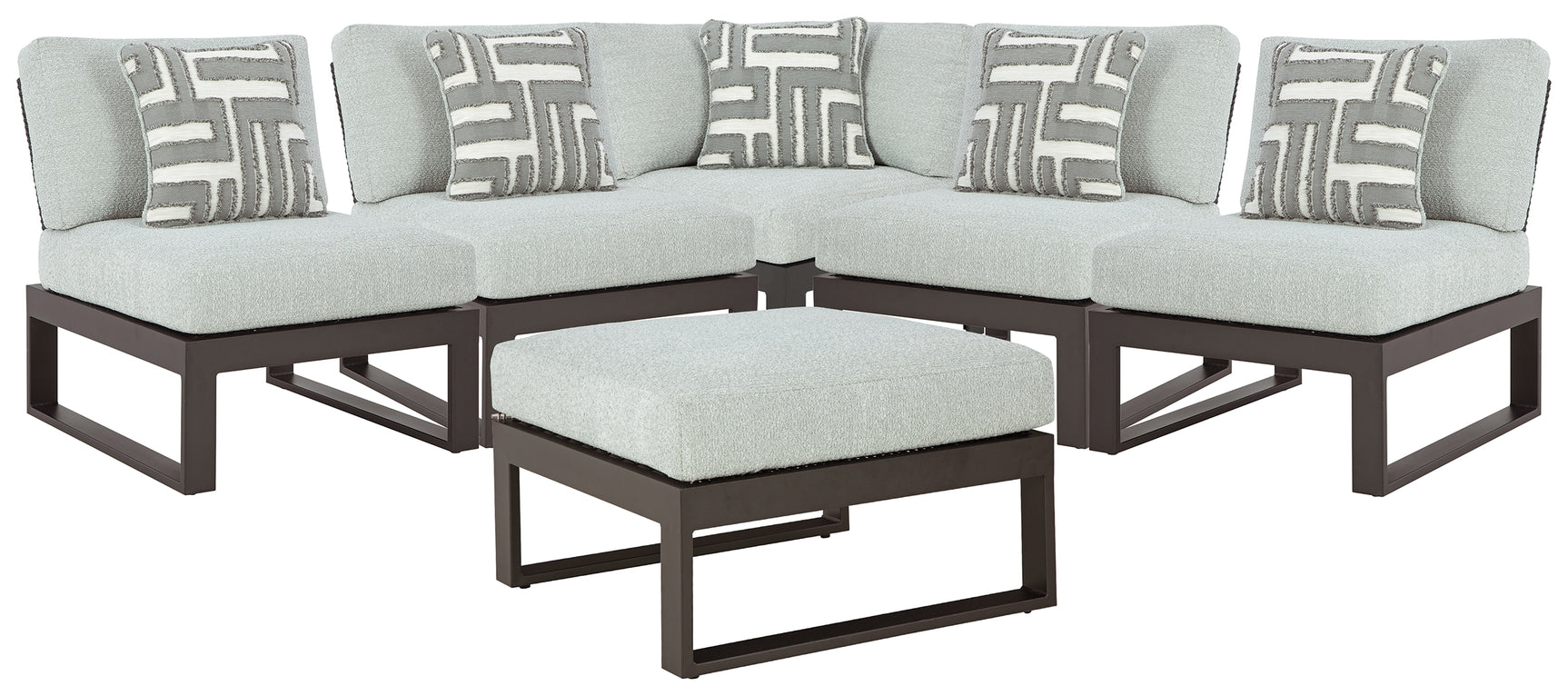 Black aluminum frame and resin wicker back detail on sectional sofa