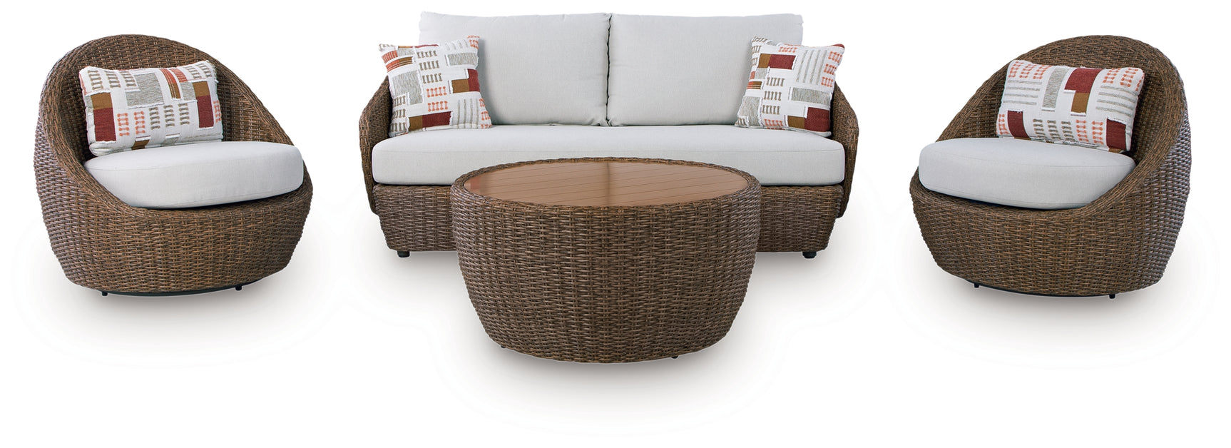 Side angle view of beige outdoor loveseat and lounge chair