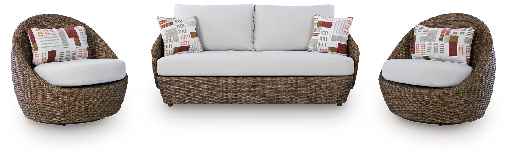 Loveseat detailed front angle showing wicker and cushions