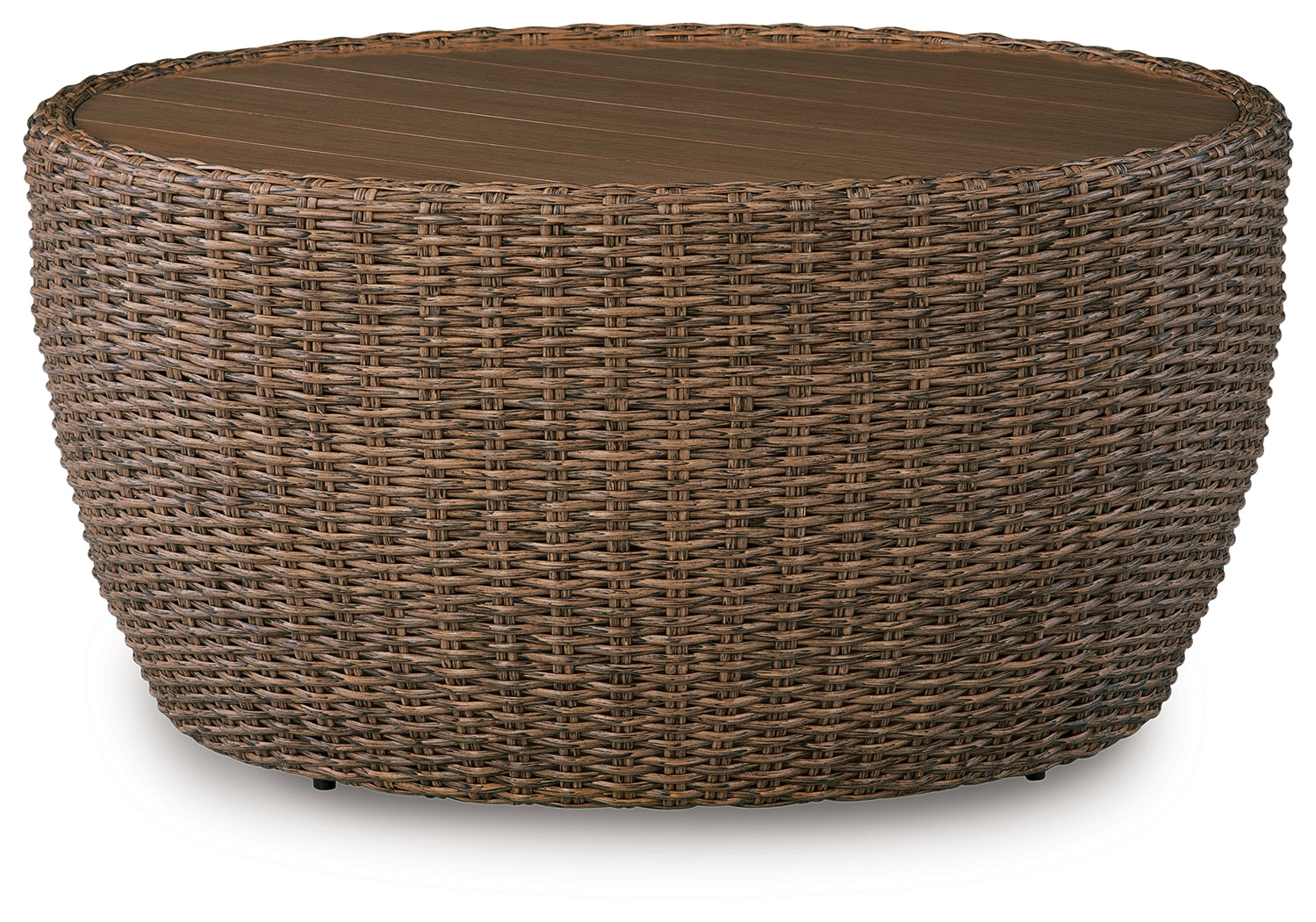 Double Point Outdoor Coffee Table side angle highlighting woven resin wicker and aluminum frame
