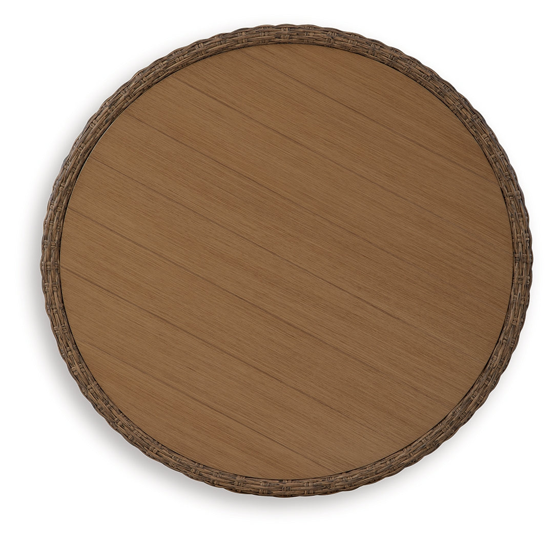 Top view of Double Point Outdoor Coffee Table showing hand-brushed wood-look aluminum tabletop
