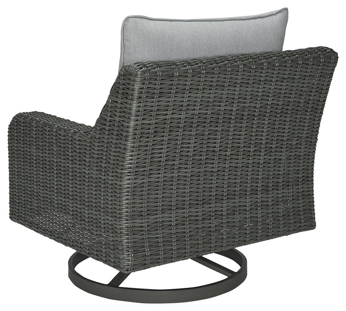 Elite Park gray outdoor swivel lounge chair showing swivel base