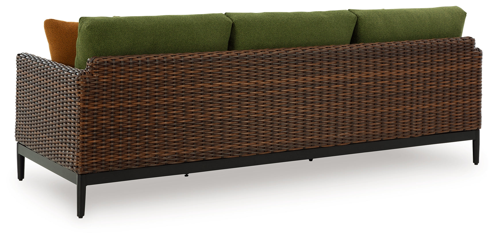 Rear view of Horizon Hall outdoor sofa showing wicker weave