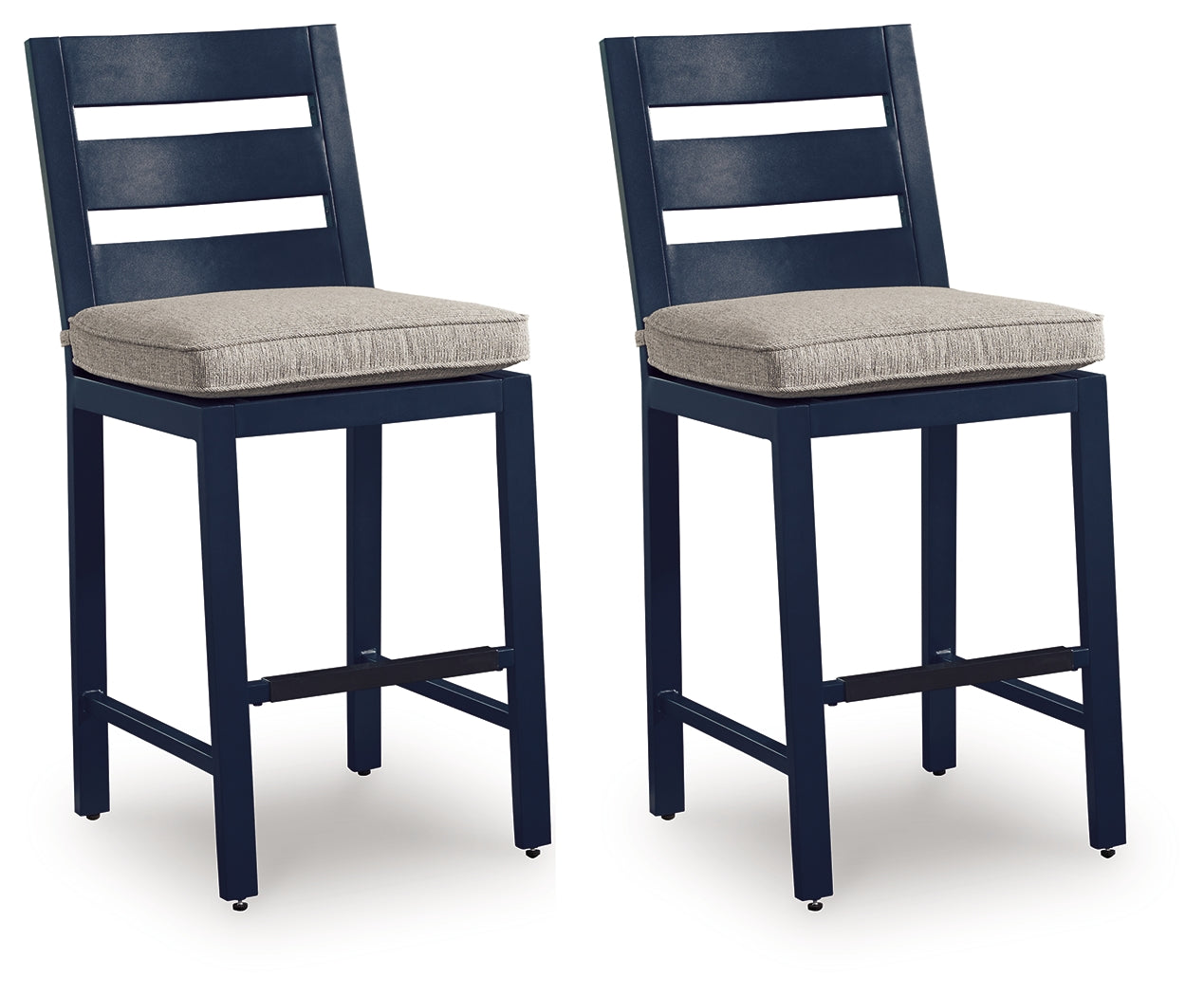 East Beach navy blue outdoor counter height bar stool, side view showing driftwood accents