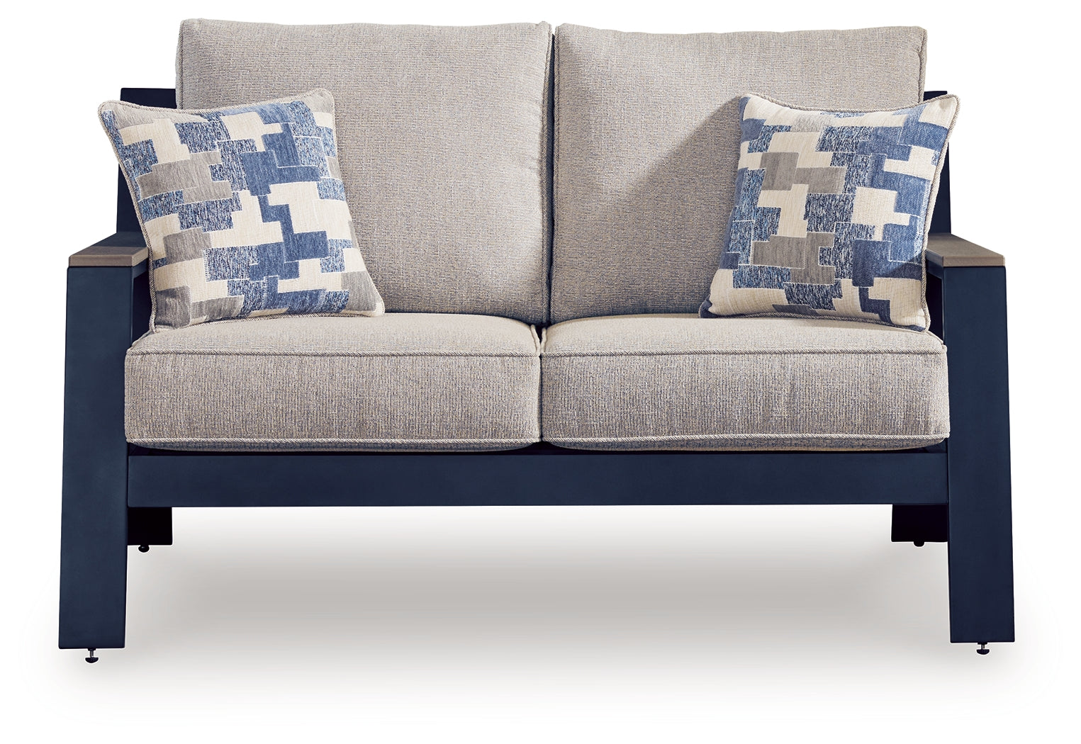 East navy blue cushion close-up on loveseat