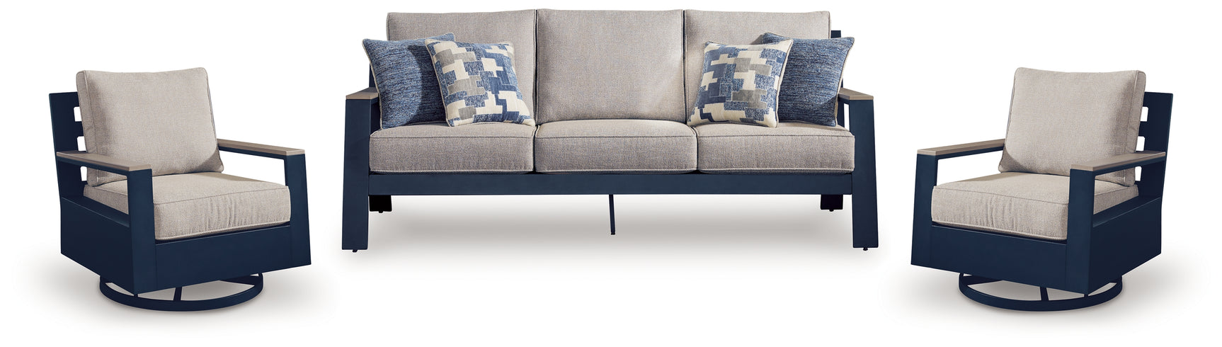 Left angle view of navy blue sofa with driftwood frame