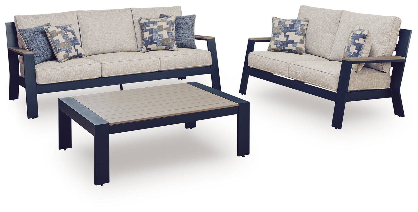 Side angle of navy blue fabric outdoor sofa