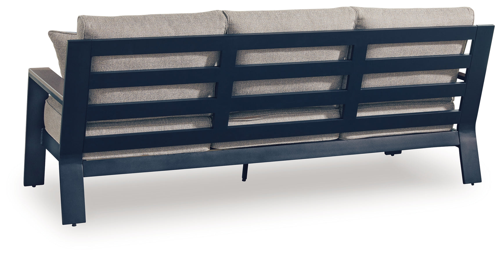 Outdoor sofa, loveseat, and coffee table set in navy blue and driftwood finish