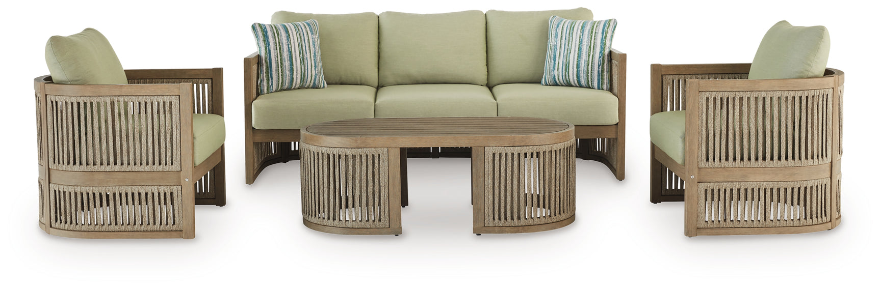 Serena outdoor coffee table with wood and rope details