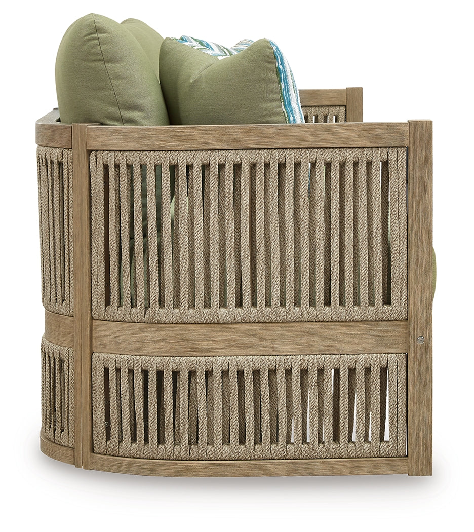 Side profile highlighting open-weave polyester rope and eucalyptus frame