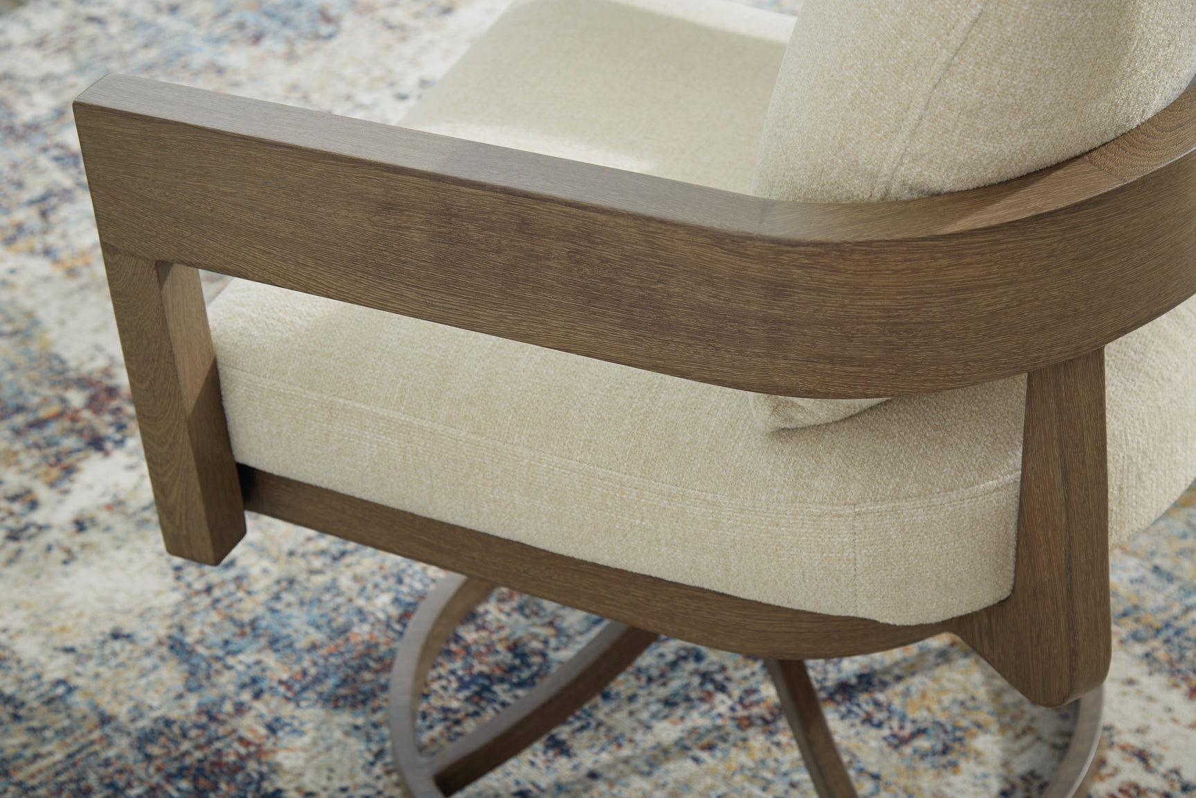 Detail of chair's powder-coated aluminum frame with wood-look finish