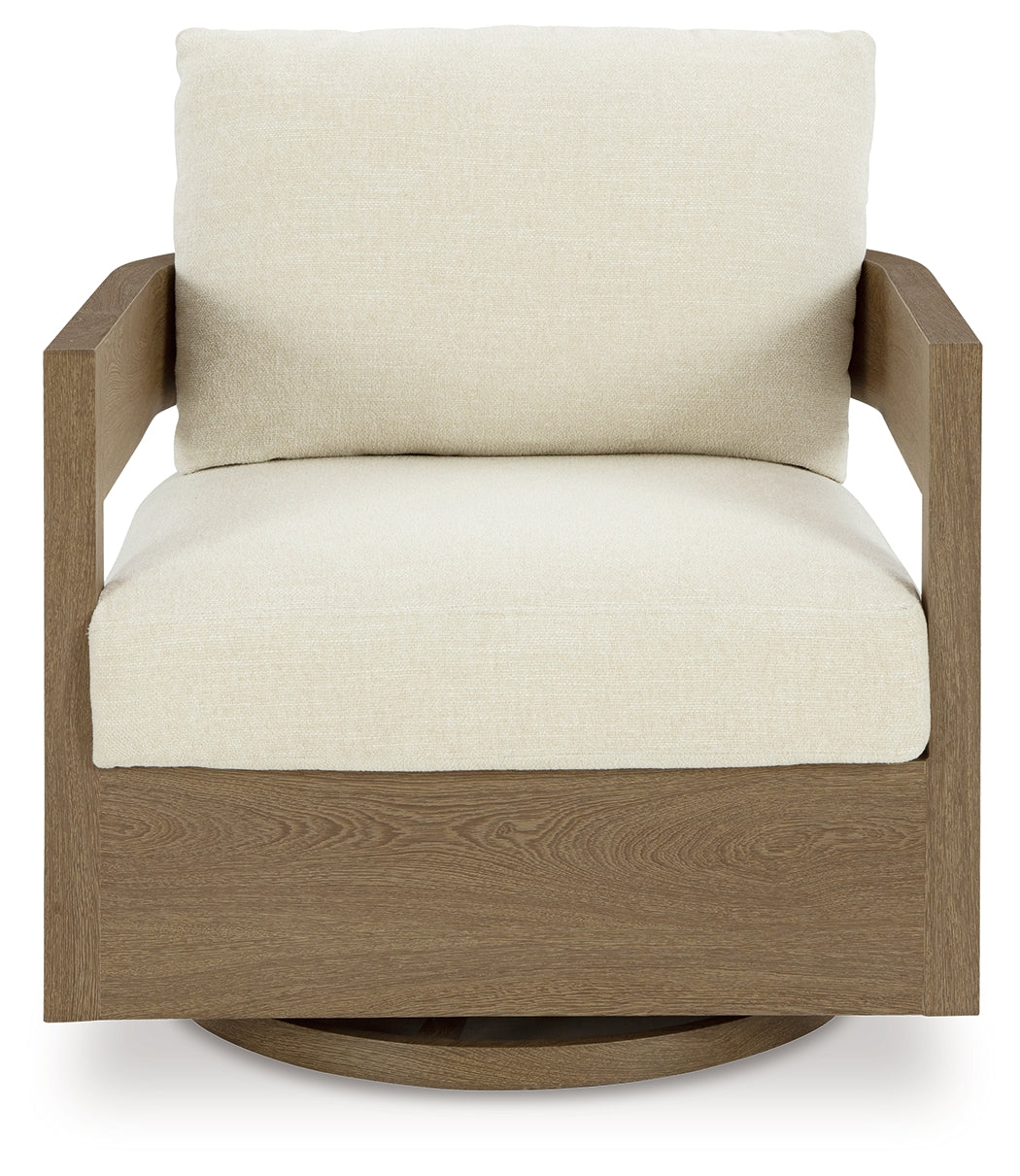 Back view of sofa with wood-look frame
