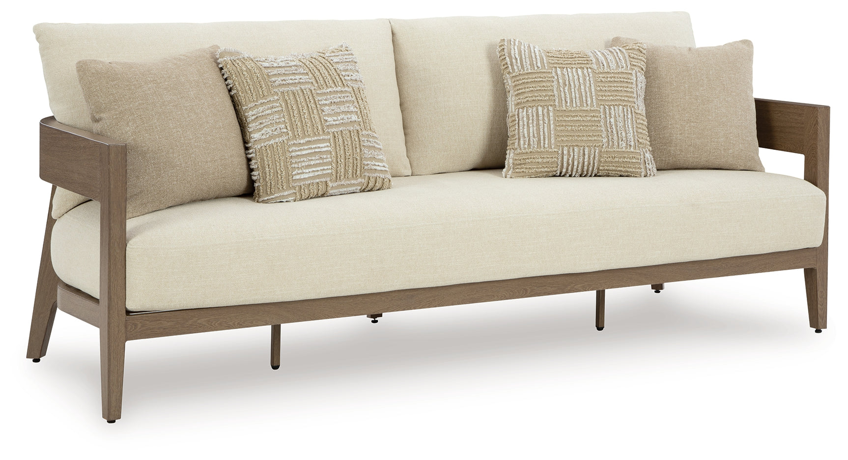 Serene Bay outdoor sofa side view in dark brown and white