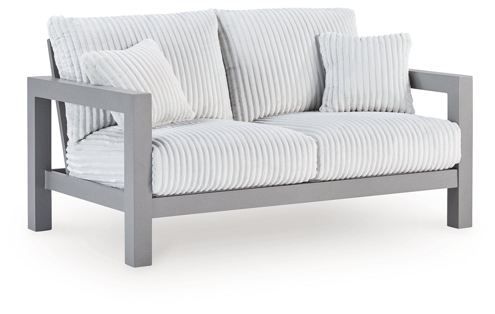 Side view of outdoor loveseat with gray cushions