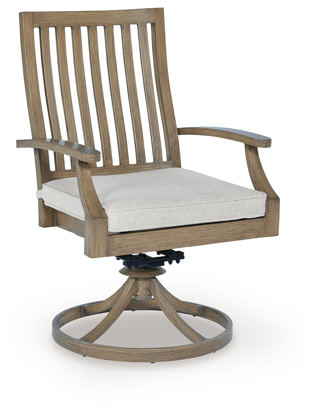 Swivel chair side view showing wood-look aluminum frame and beige cushions