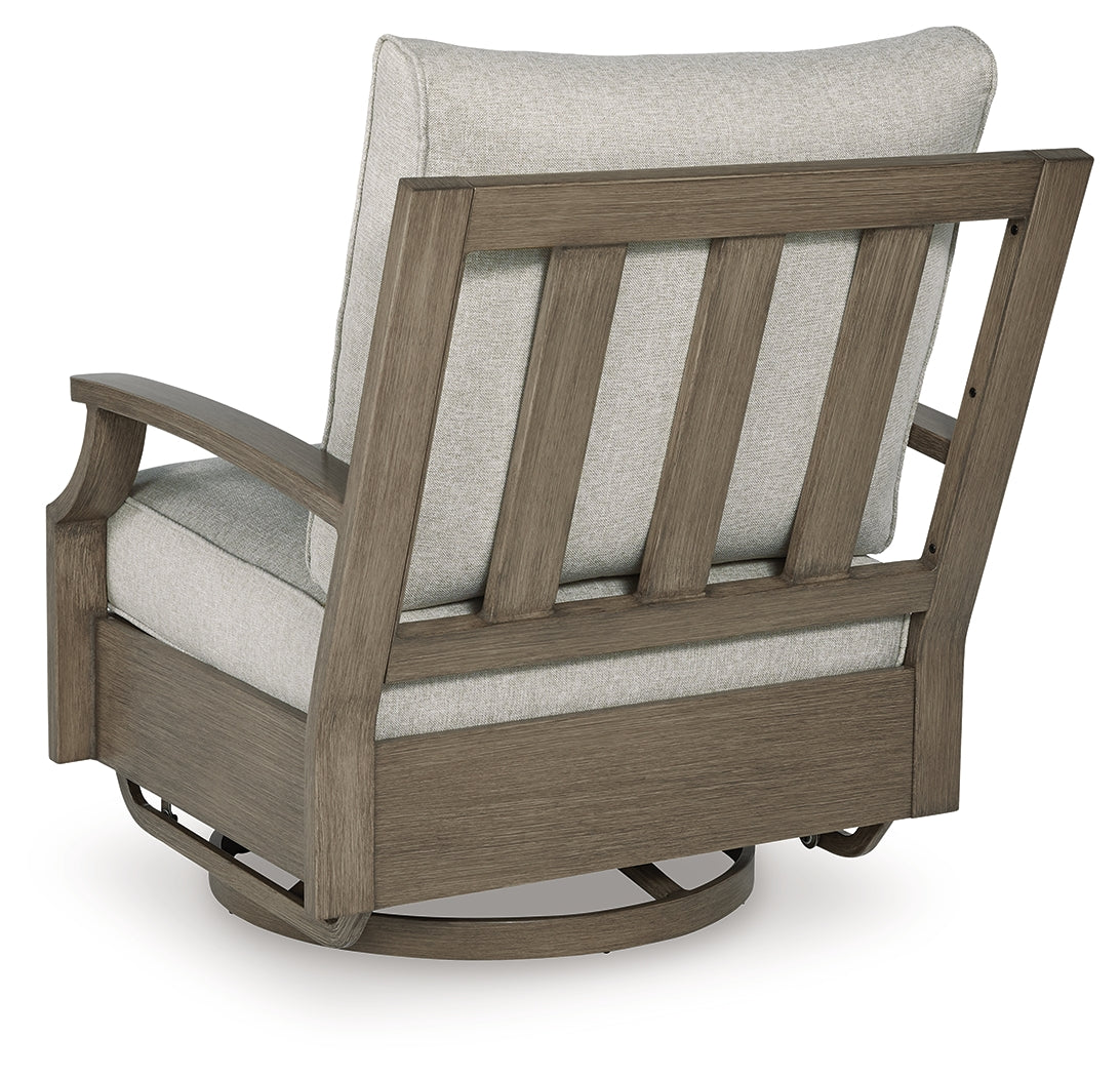 Rainier Ranch outdoor loveseat, two chairs, and coffee table set in brown and beige