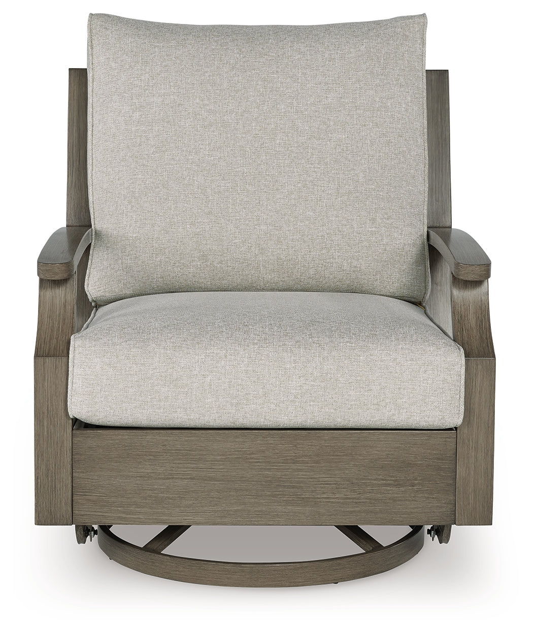 Rainier Ranch outdoor loveseat, two chairs, and coffee table set in brown and beige