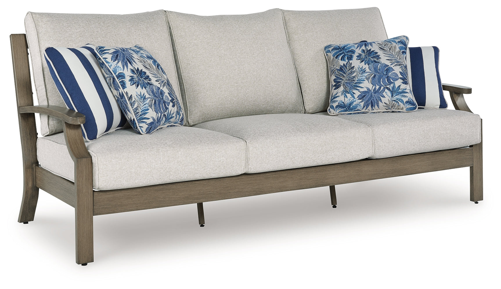 Rainier Ranch outdoor sofa with brown and beige cushions, angled view