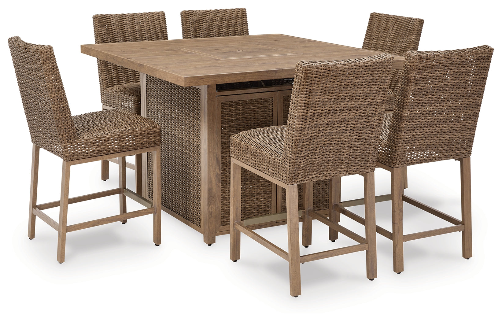 Walton Driftwood Bridge Outdoor Fire Pit Table and 6 Barstools