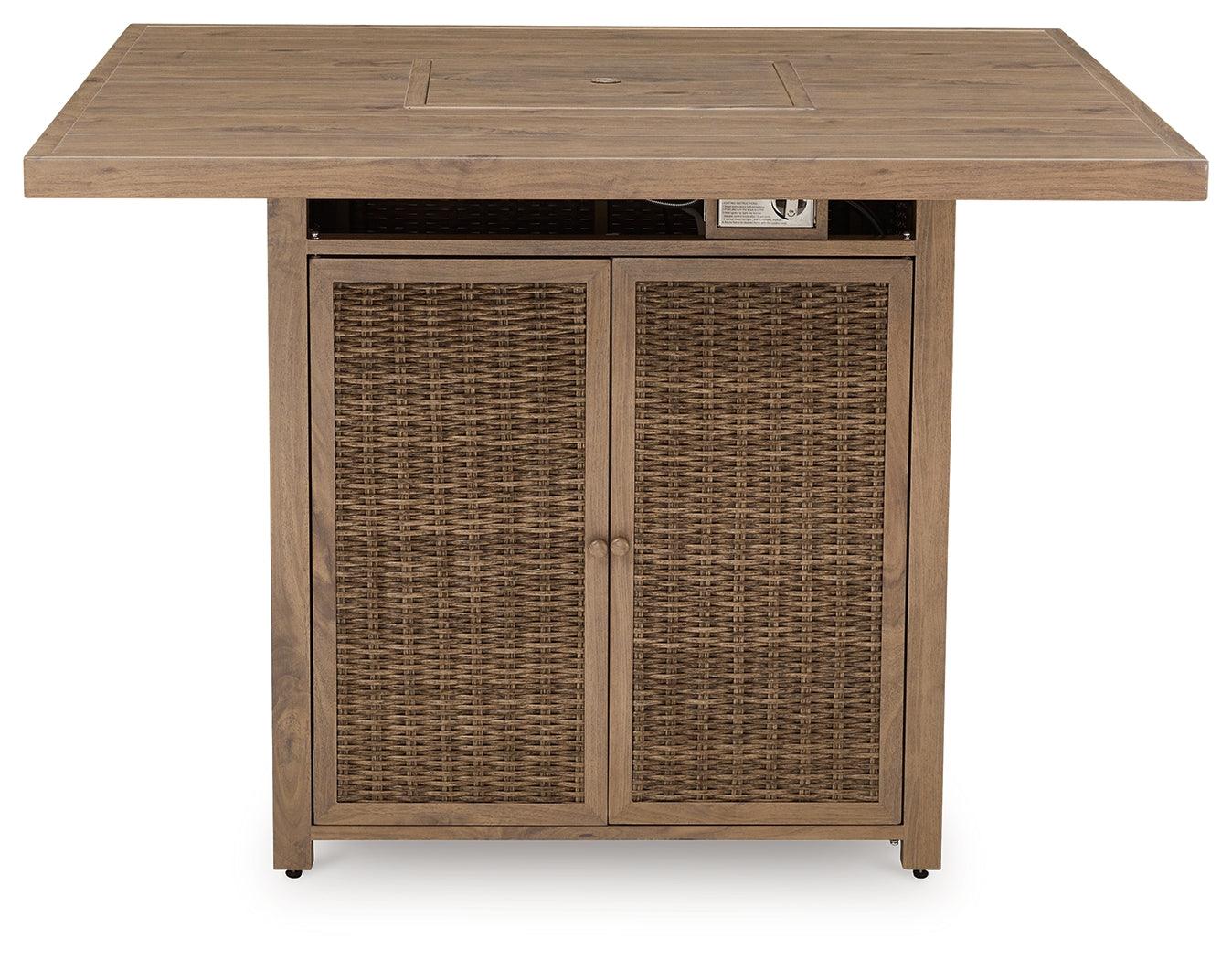 Walton Bridge Driftwood outdoor bar table with fire pit - open cabinet door showing propane tank storage