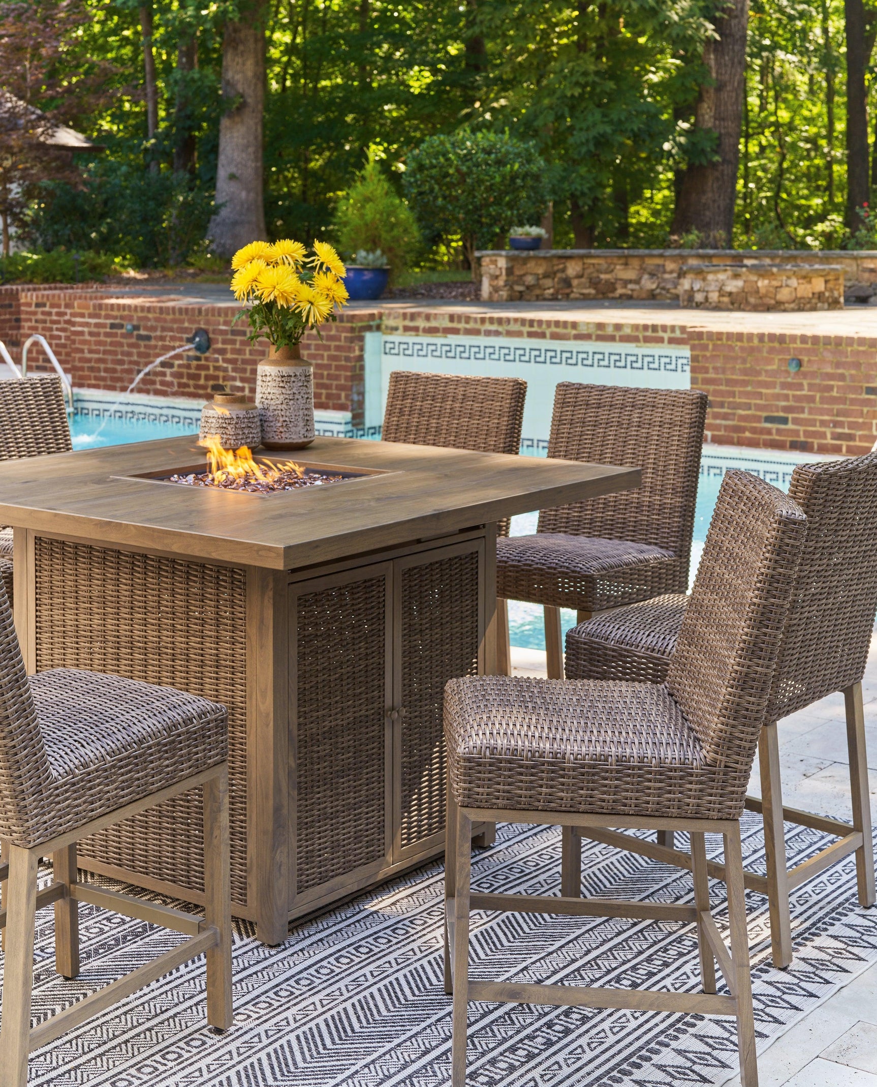 Walton Bridge Driftwood Outdoor Bar Table with Fire Pit by Ashley