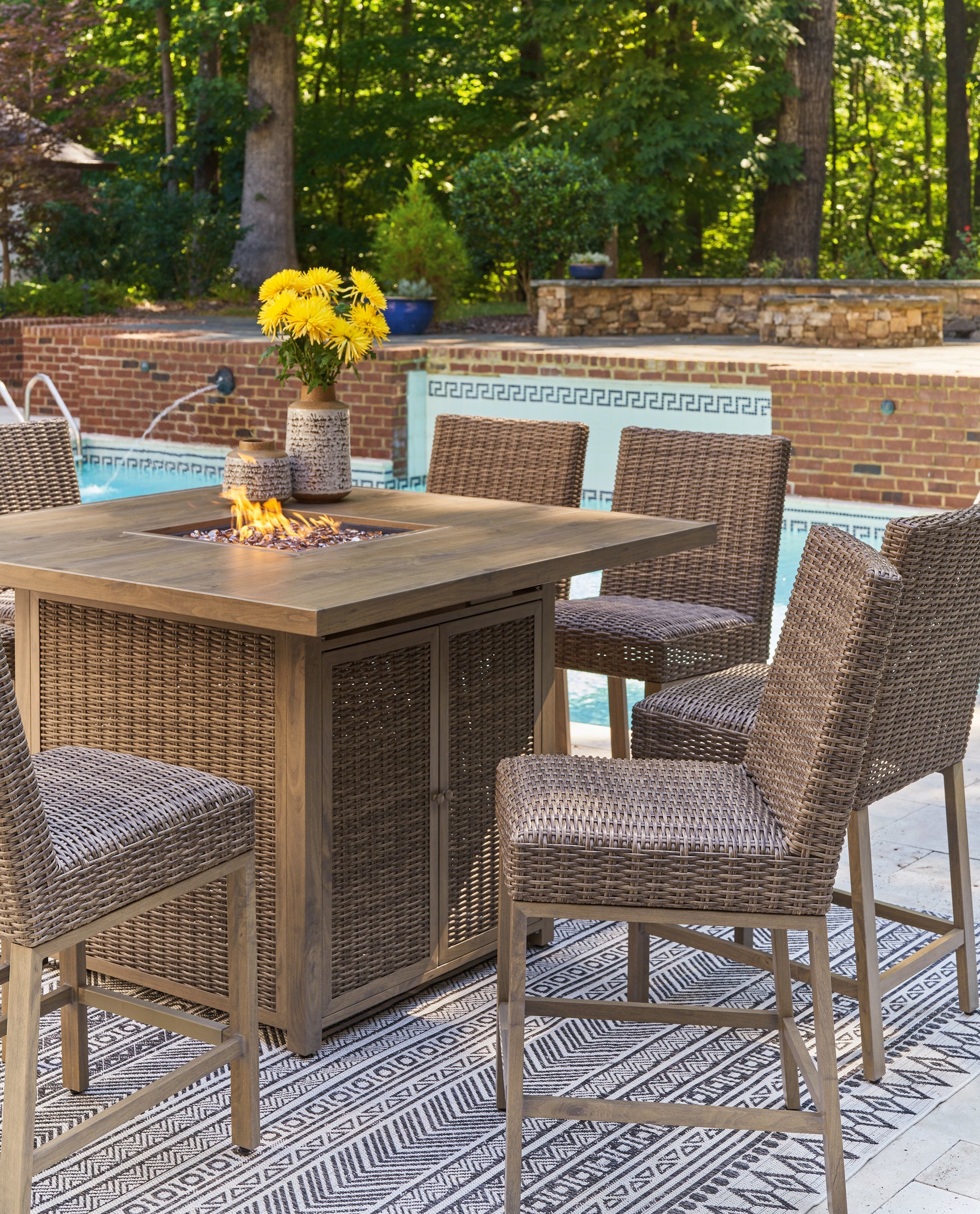 Walton Driftwood Bridge Outdoor Fire Pit Table and 6 Barstools