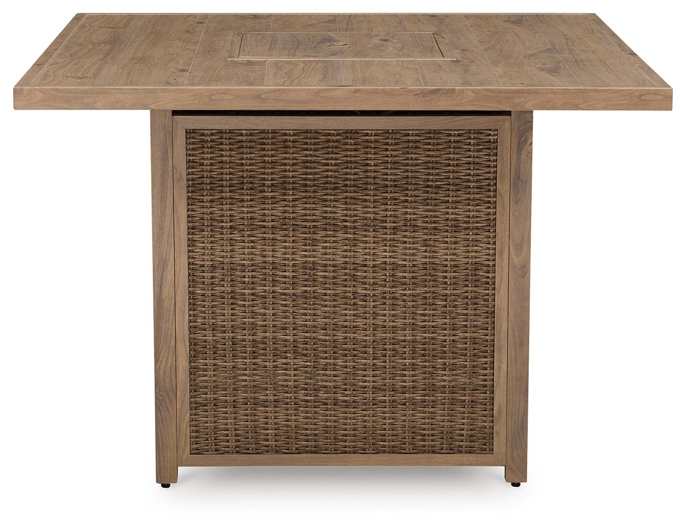 Walton Bridge Driftwood outdoor bar table with fire pit - close-up of flame and glass beads