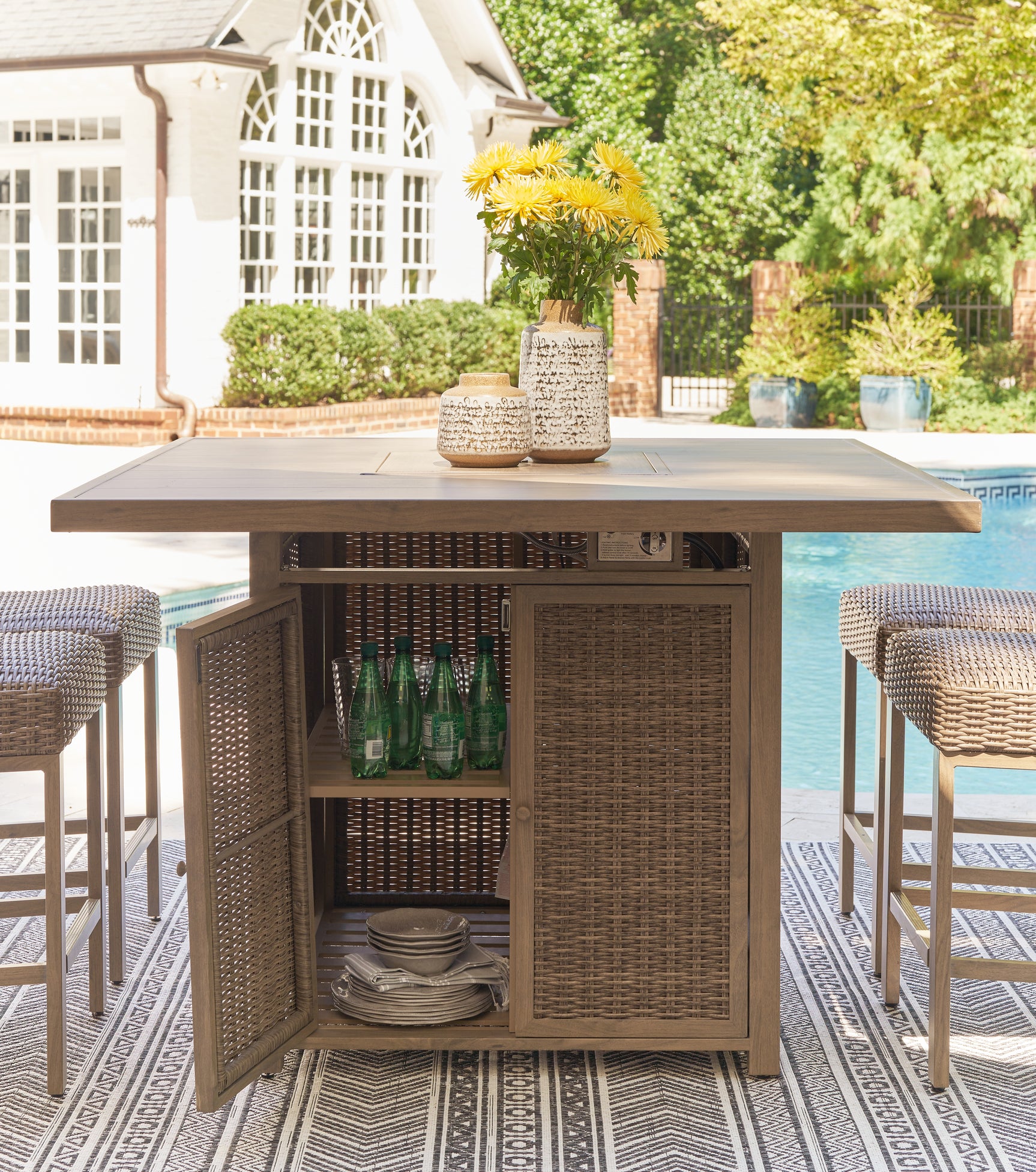 Walton Driftwood Bridge Outdoor Fire Pit Table and 6 Barstools