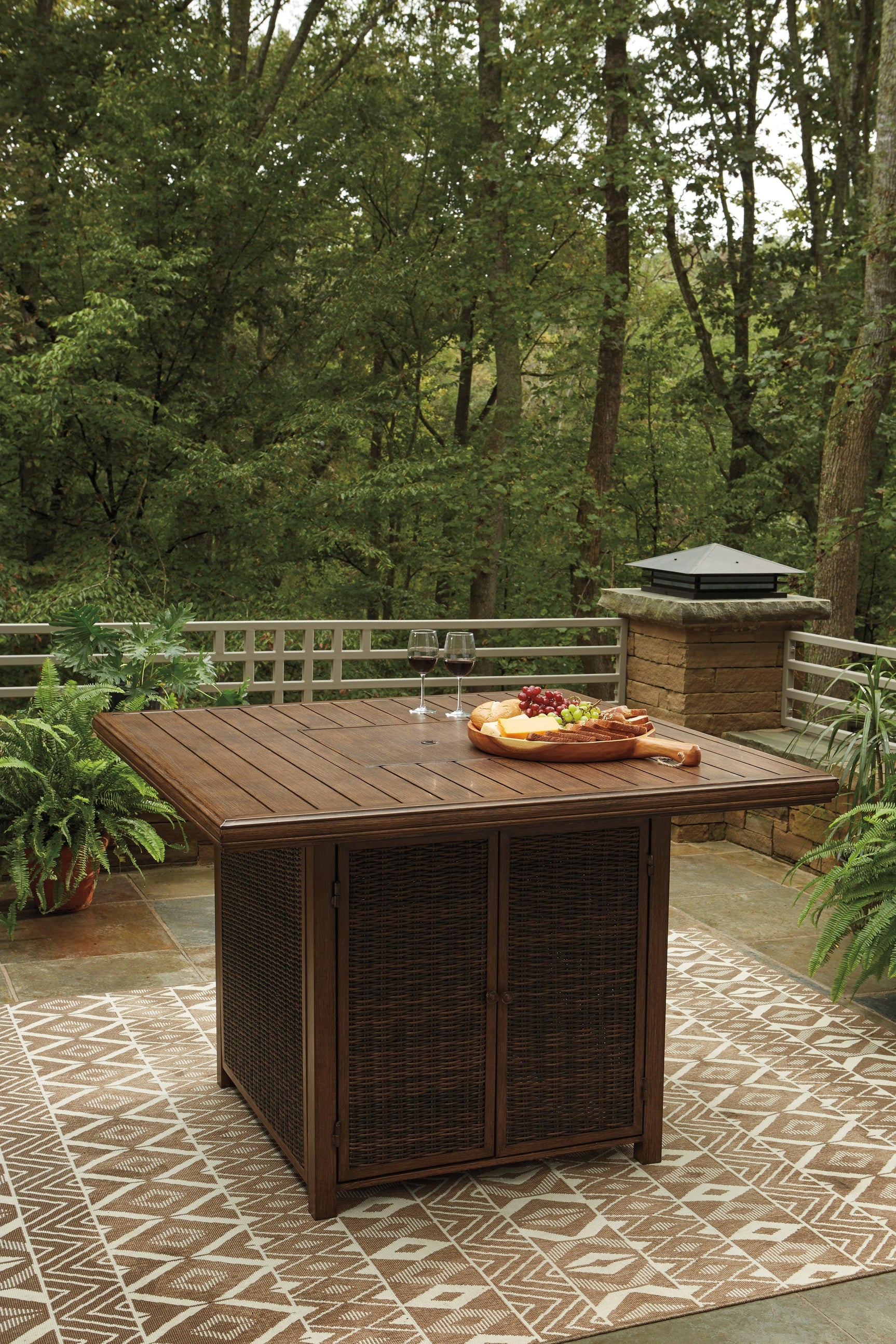 Paradise Trail Medium Brown Outdoor Bar Table with Fire Pit assembly hardware details