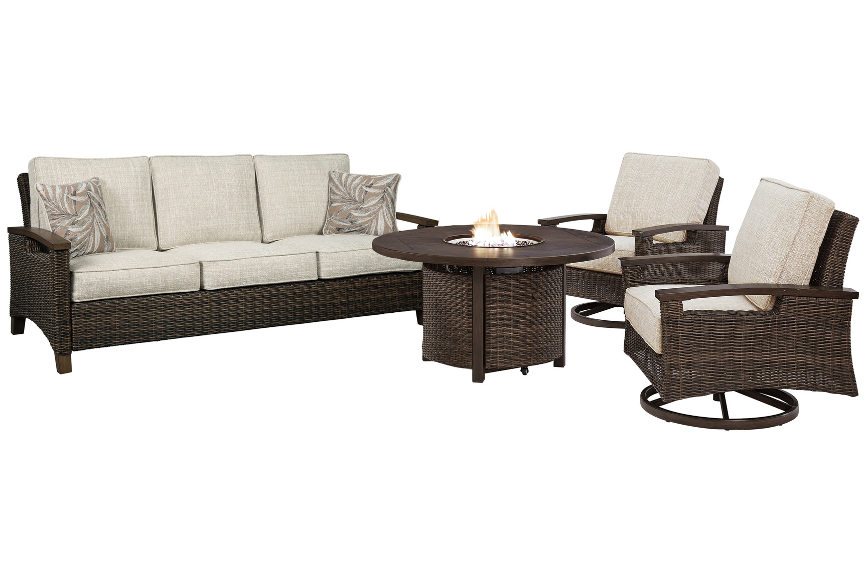 Paradise Medium Brown Trail Outdoor Sofa and 2 Lounge Chairs with Fire Pit Table