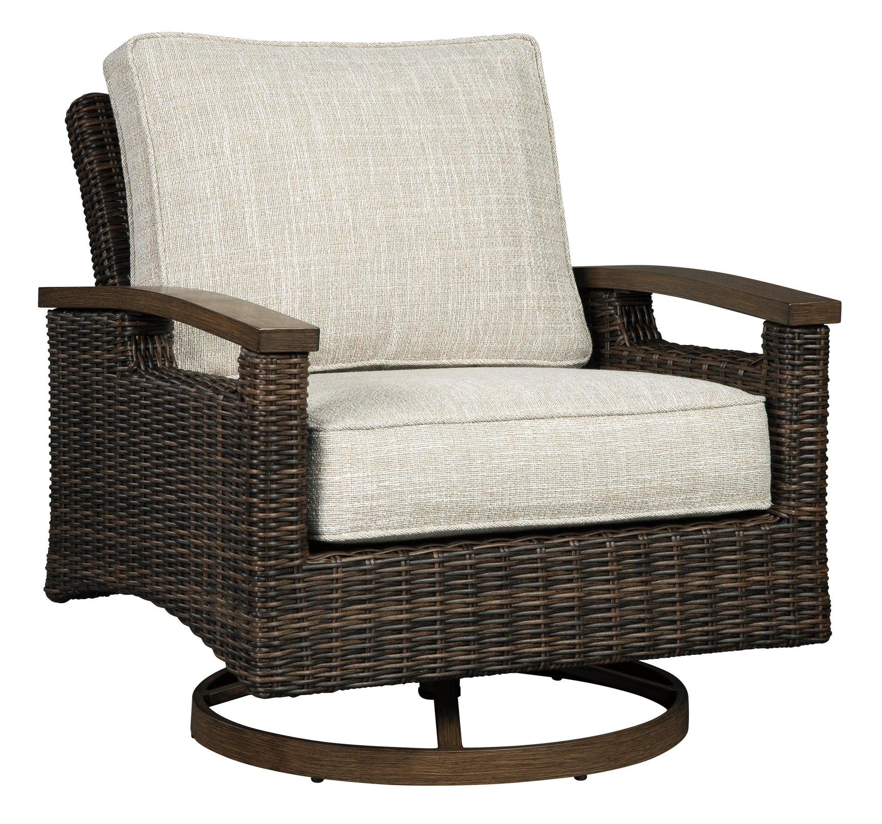 Swivel lounge chair side view showing wood-like armrest finish