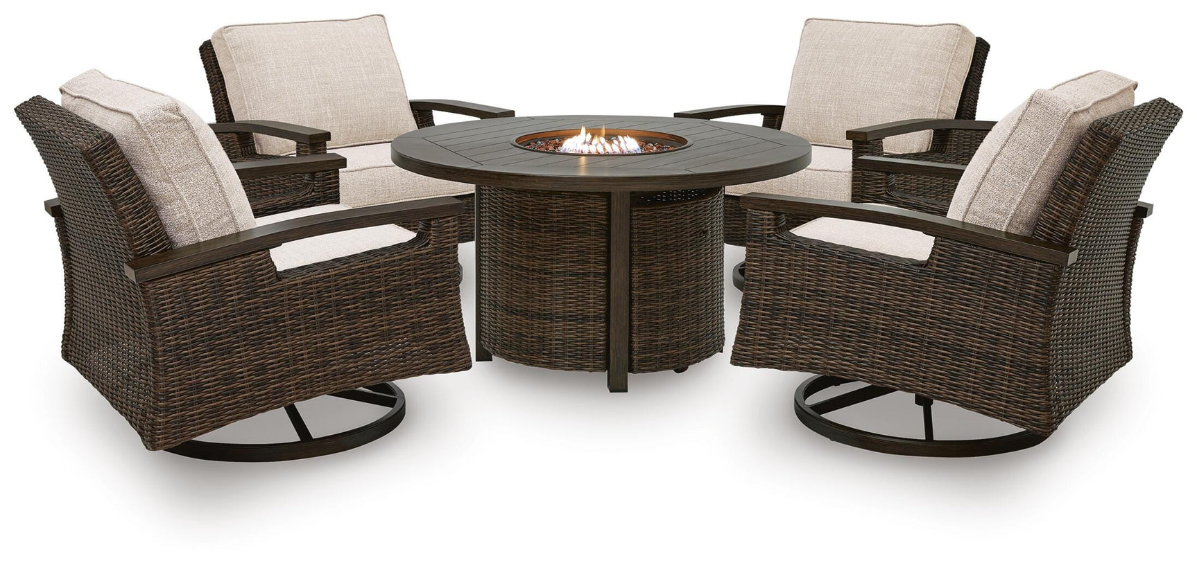 Fire pit table and chairs with thick Nuvella® fabric cushions