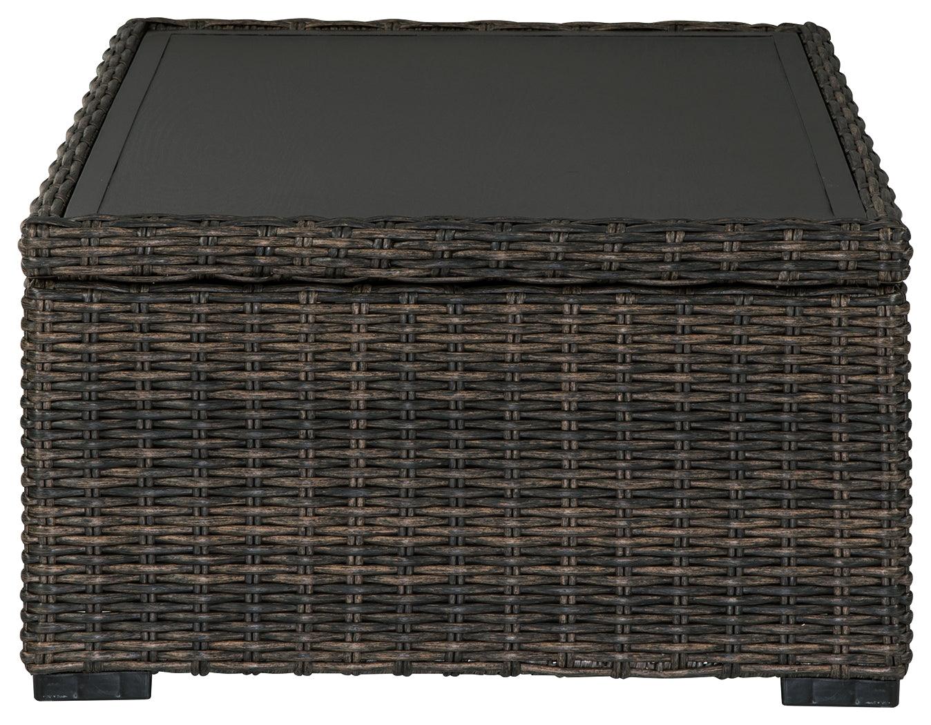 Grasson Lane Brown Coffee Table close-up of resin wicker weave