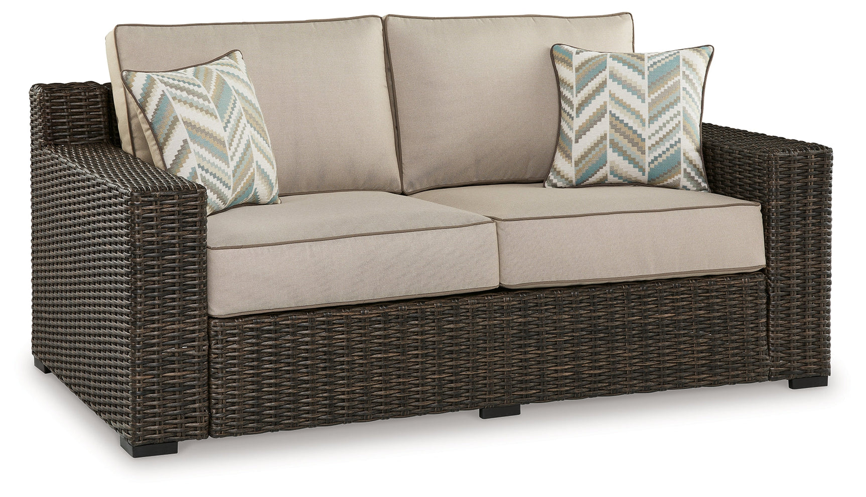 Coastline Bay Outdoor Loveseat head-on view showing cushions and wicker detail