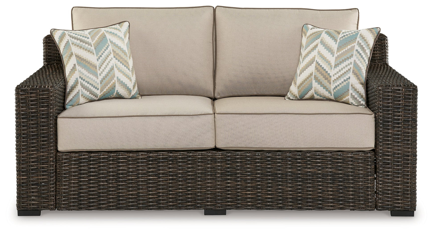 Side view of Coastline Bay Brown outdoor loveseat highlighting arm height