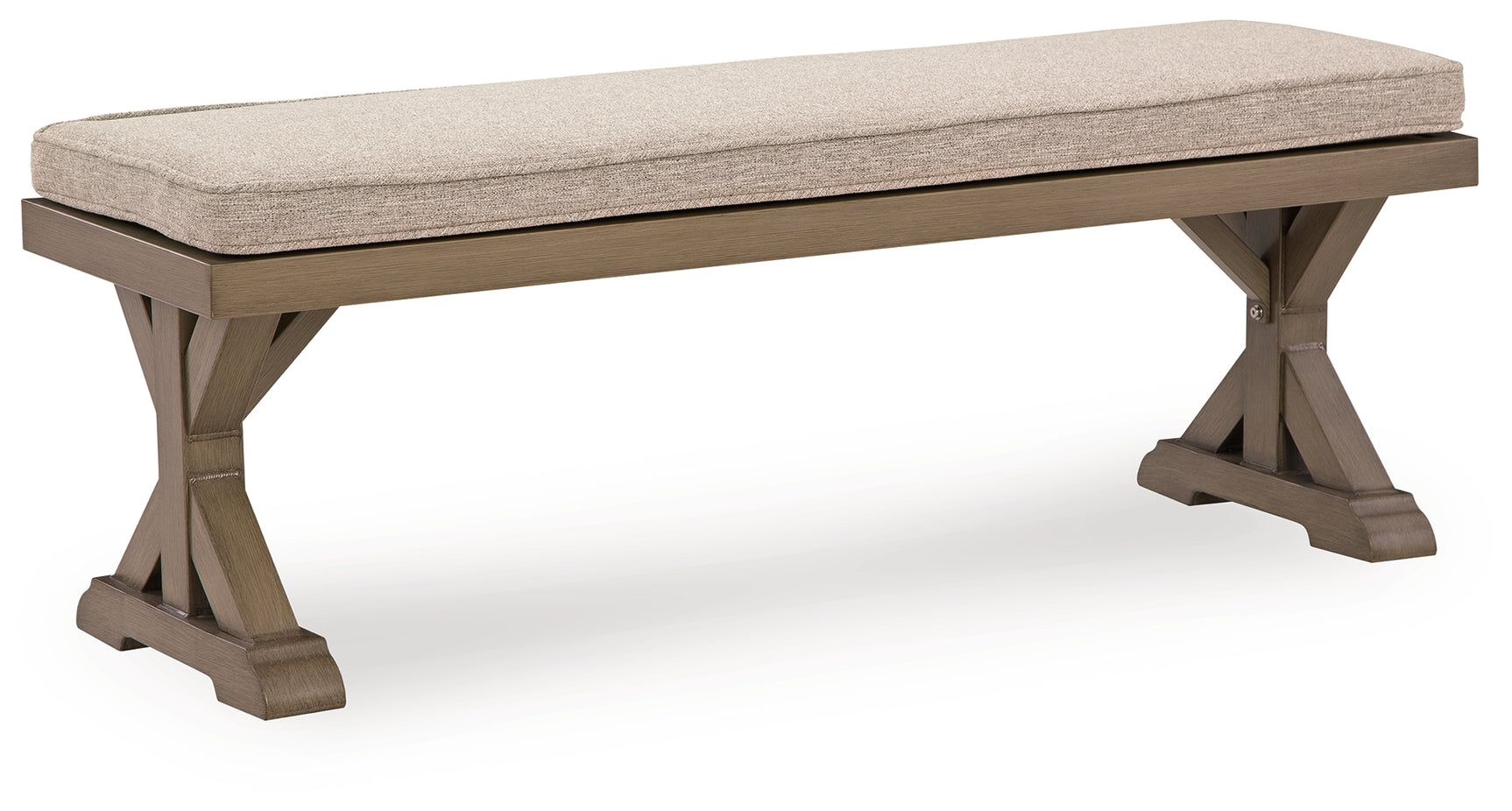 Laguna Heights beige outdoor bench side view showing cushion and frame
