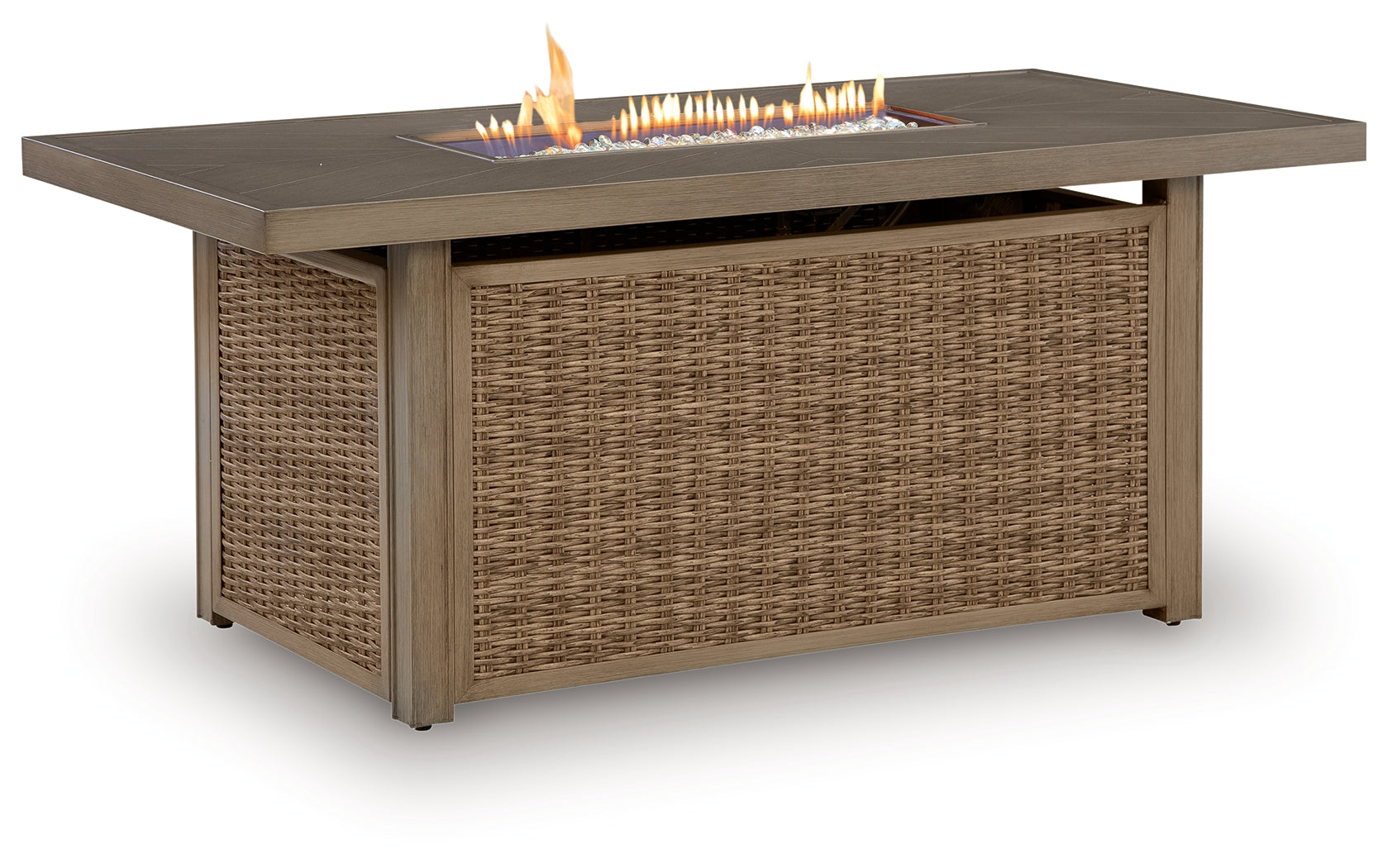 Laguna Heights Outdoor Fire Pit Table showing lit burner