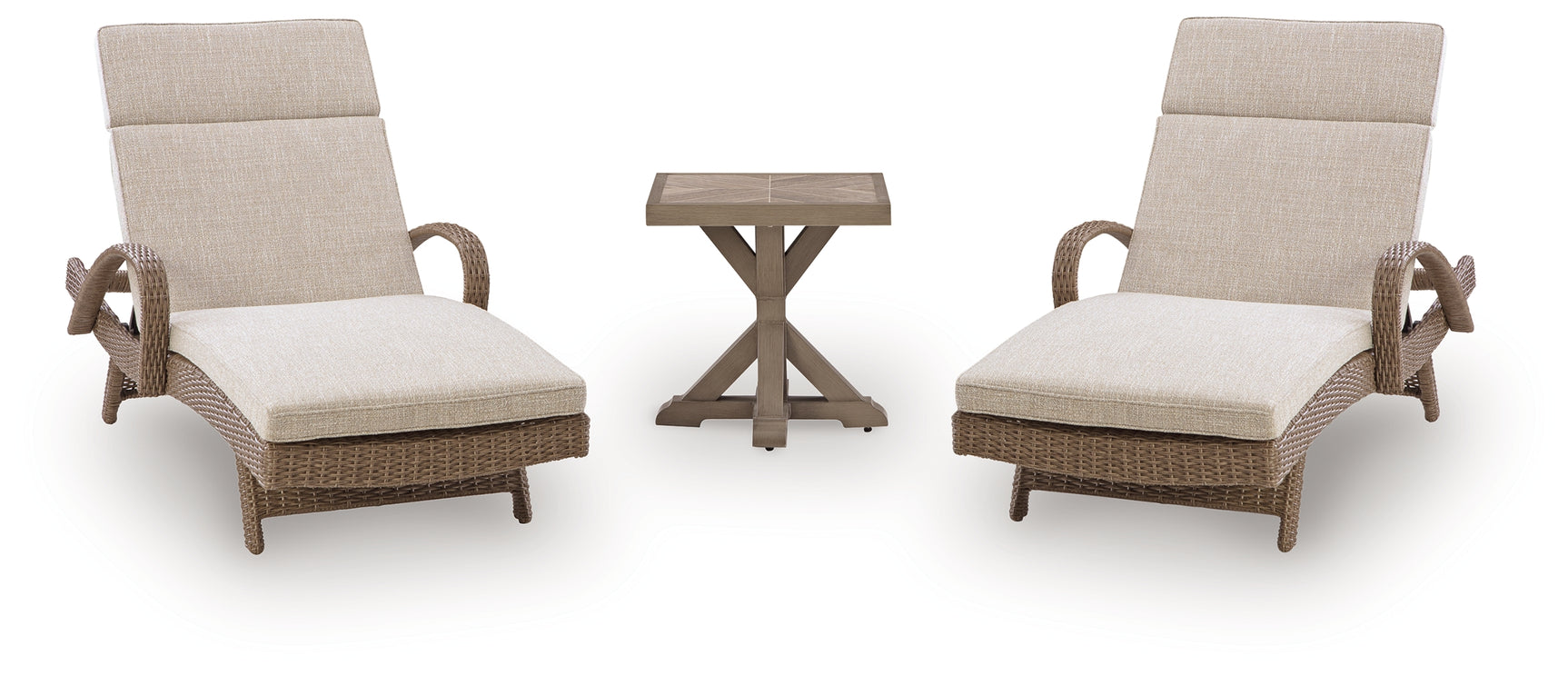 Laguna Beige Heights outdoor lounge set side angle with chairs and end table