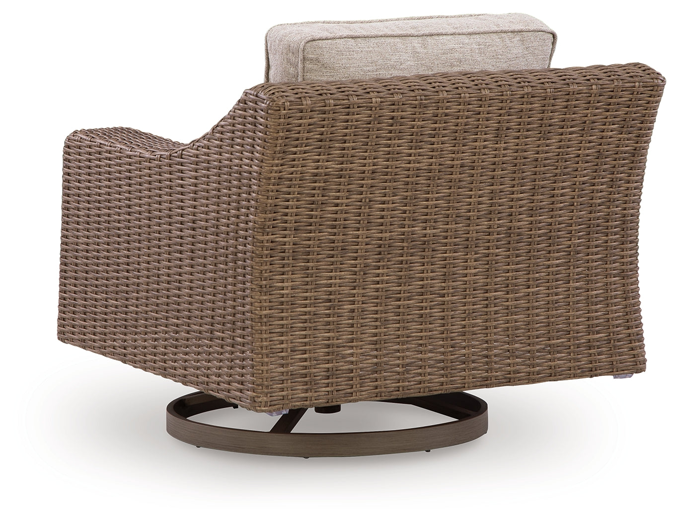 Close-up of beige resin wicker and Nuvella fabric upholstery