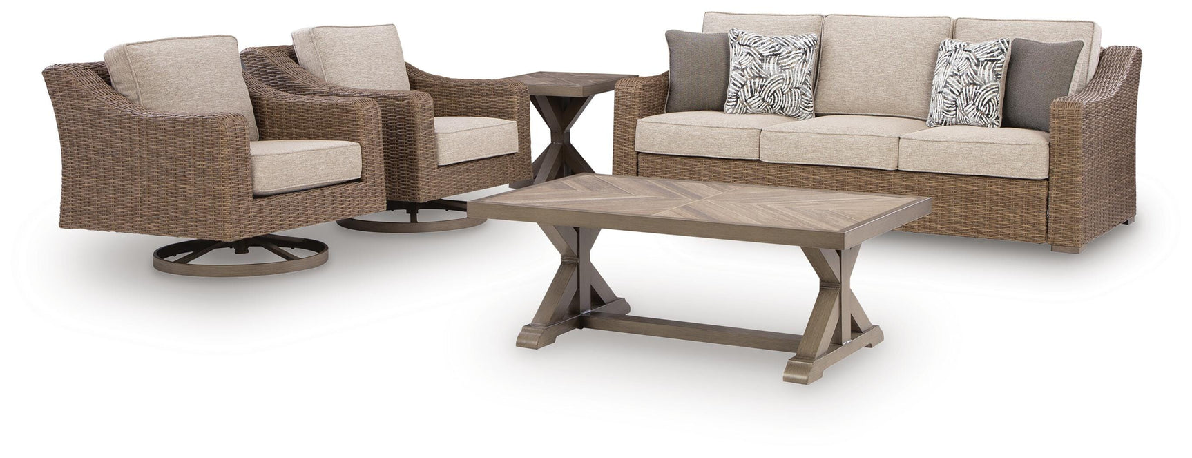 Laguna Beige Heights outdoor sofa set showing side angle with coffee table