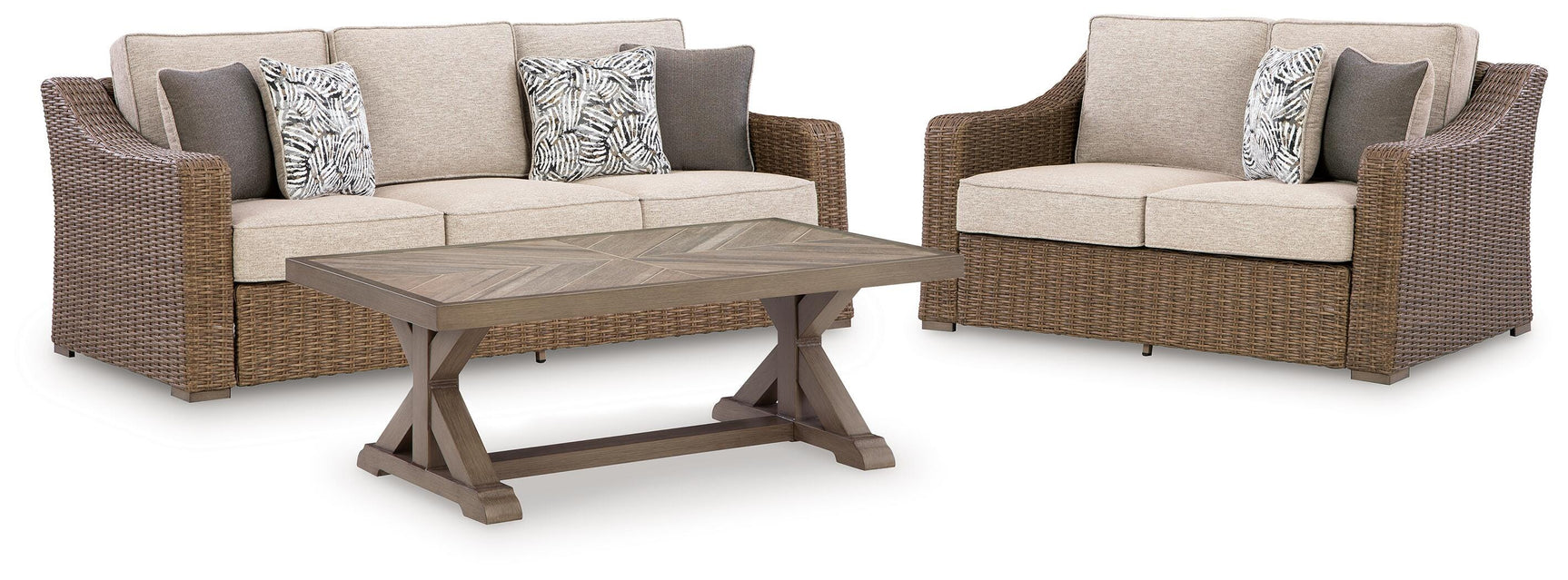 Loveseat side view showing beige cushions
