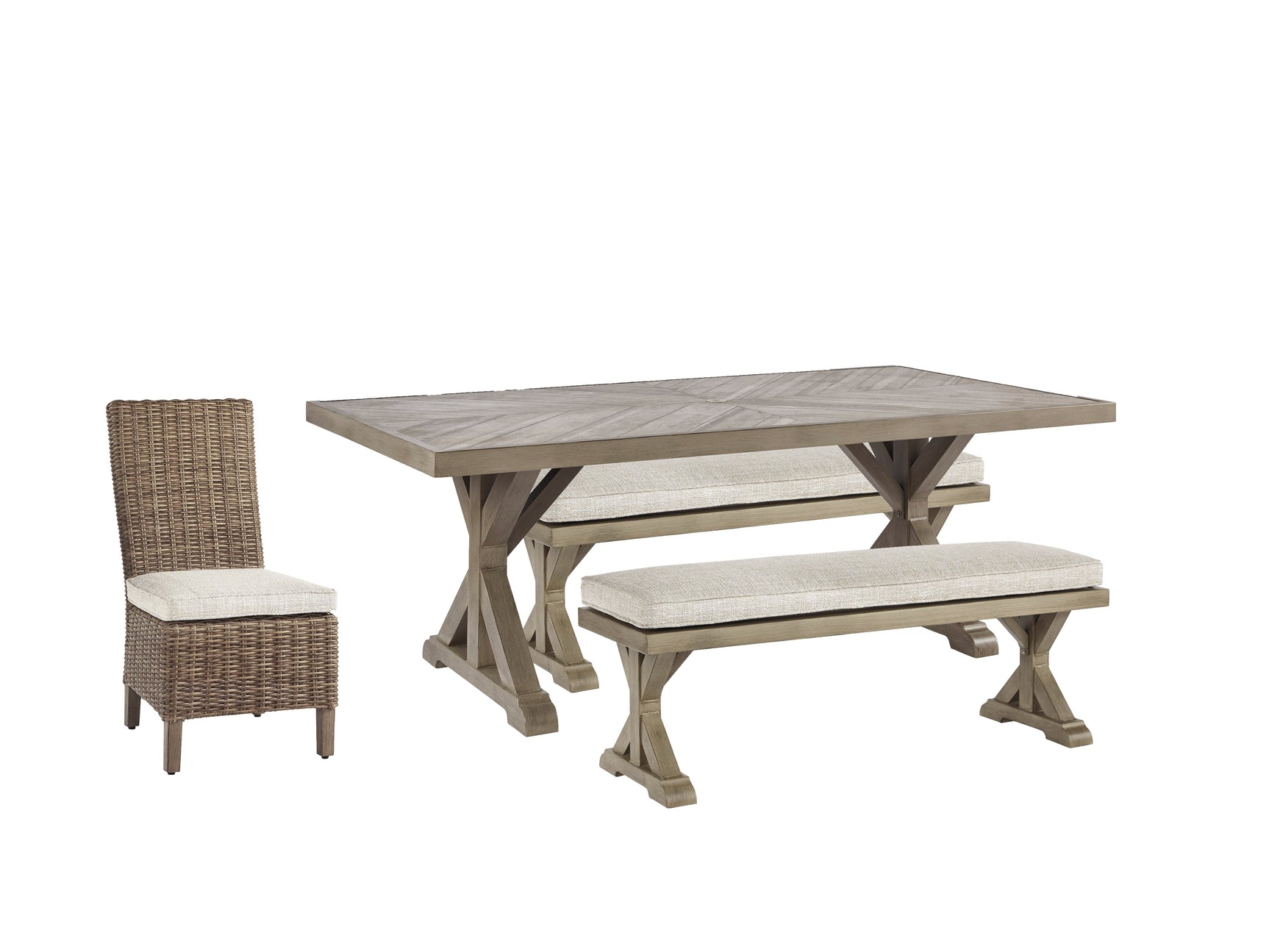 Beachcroft Beige Outdoor Dining Set with table, bench, and four chairs