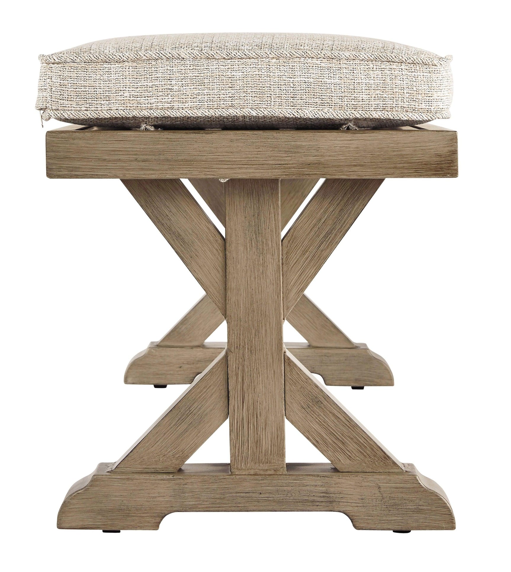 Detail of Beachcroft bench X-leg and cushion fabric