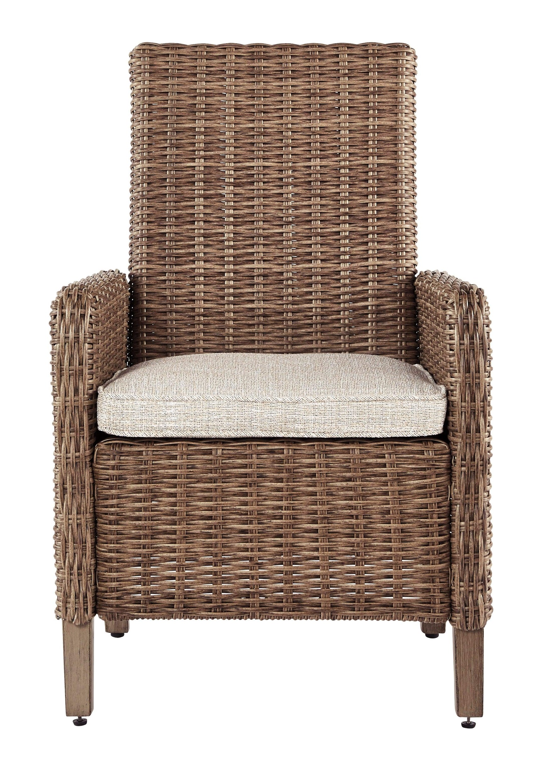 Beachcroft Beige Outdoor Dining Arm Chair with Cushion head-on view