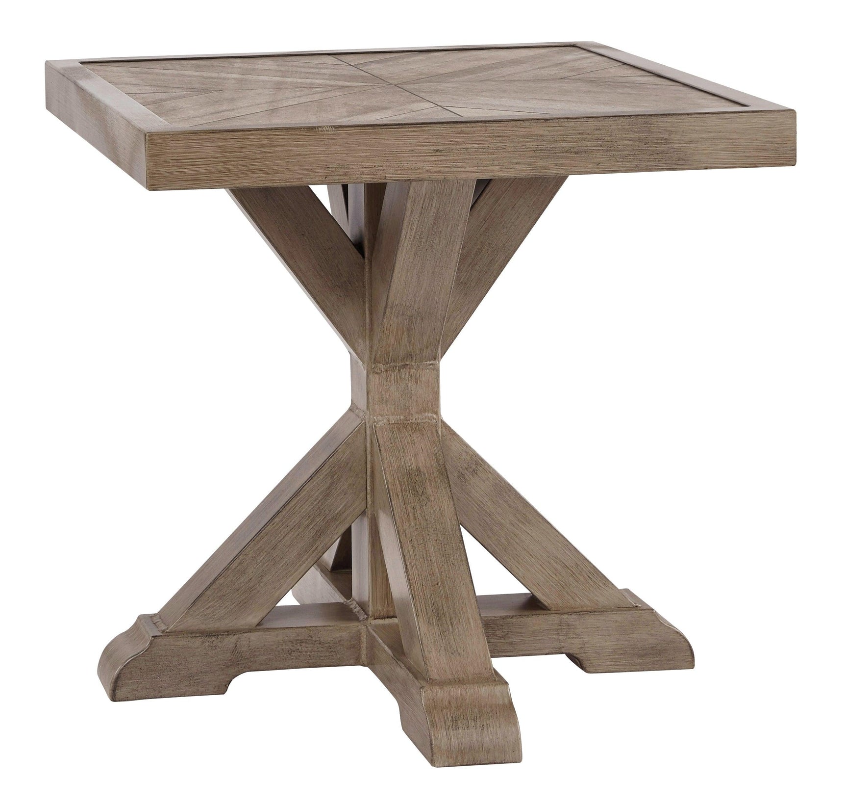 Beachcroft Beige Outdoor End Table angled side view