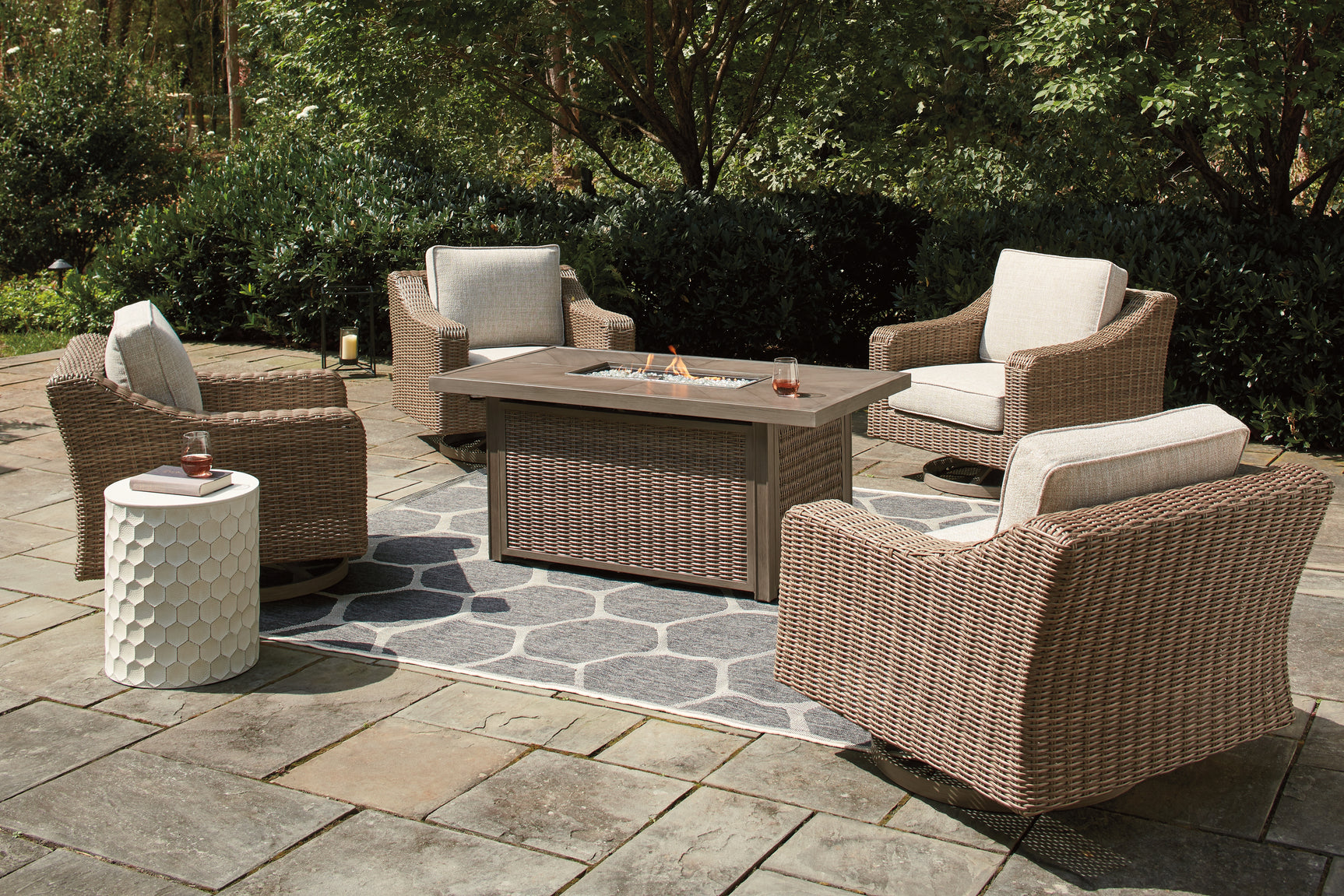 Swivel lounge chair with beige Nuvella® fabric cushions